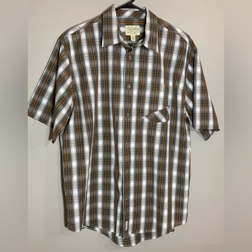 Cabela's Forest Green White Orange Plaid Men's  Short Sleeve Button Shirt Sz L